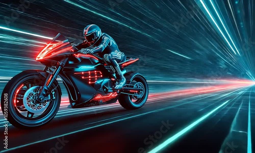 A futuristic motorcycle in a neon-lit environment, emphasizing speed and technology. photo