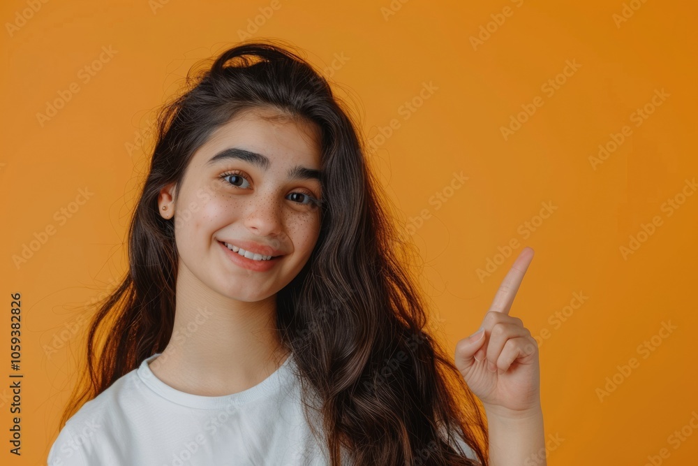 Obraz premium Cheerful Pakistani girl pointing to copy space in studio portrait