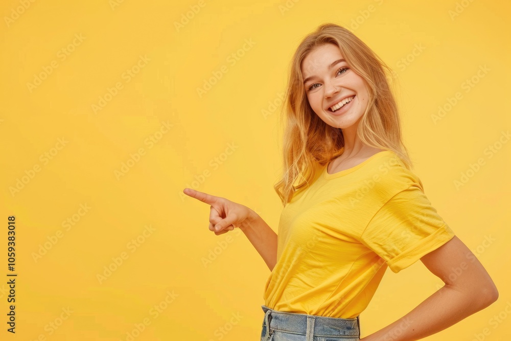 Happy woman pointing at copy space in studio photo. Happy woman pointing at copy space in studio photo.