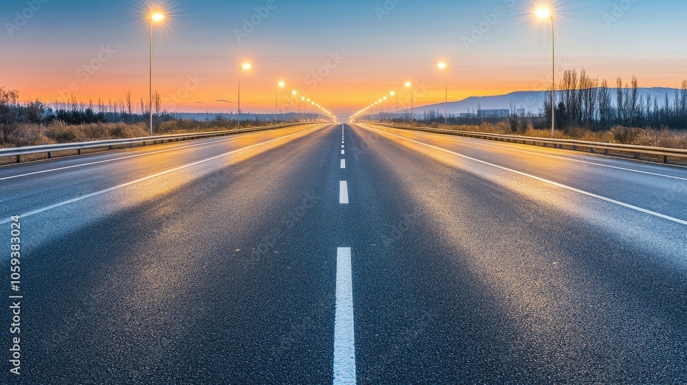Serene Road Under Sunset Sky with Street Lights Serene Road Under Sunset Sky with Street Lights