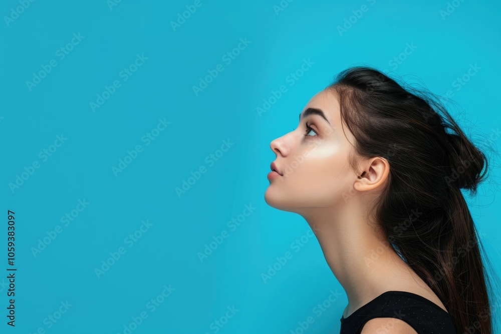 Fototapeta premium Attractive girl with copy space on blue background portrait.