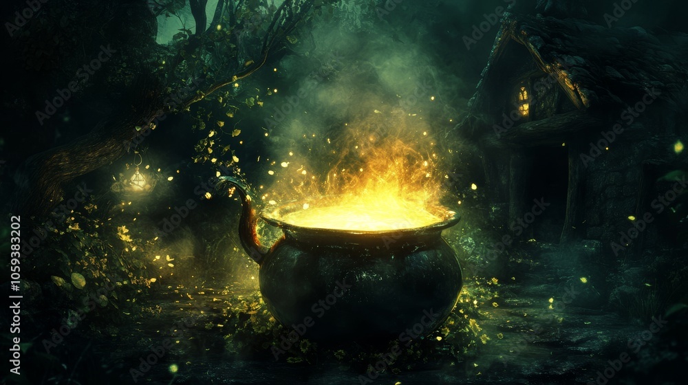 A large, ancient cauldron emits a magical glow in a dark mystical forest, surrounded by an array of luminescent particles and greenery, suggesting mystery and magic. A large, ancient cauldron emits a magical glow in a dark mystical forest, surrounded by an array of luminescent particles and greenery, suggesting mystery and magic.
