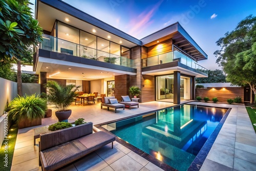 Wallpaper Mural Modern House with Swimming Pool and Patio - Luxurious Outdoor Living Space Design, Contemporary Architecture, and Relaxing Atmosphere for Homeowners and Real Estate Enthusiasts Torontodigital.ca