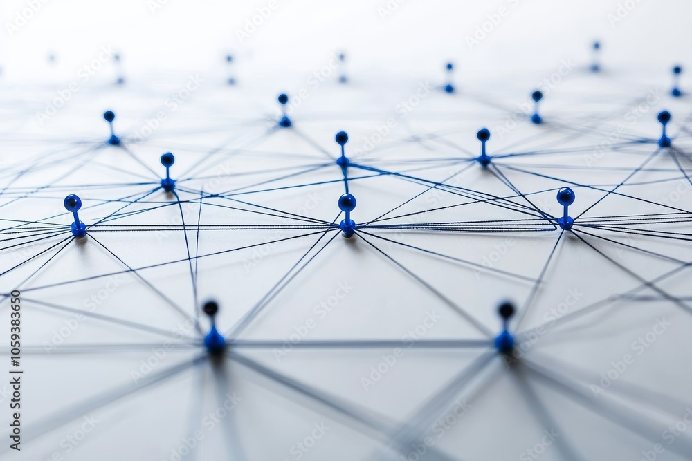 Interconnected Network Blue Pins and String, Abstract Concept, Connection, Collaboration, Relationship, network, connection Interconnected Network Blue Pins and String, Abstract Concept, Connection, Collaboration, Relationship, network, connection