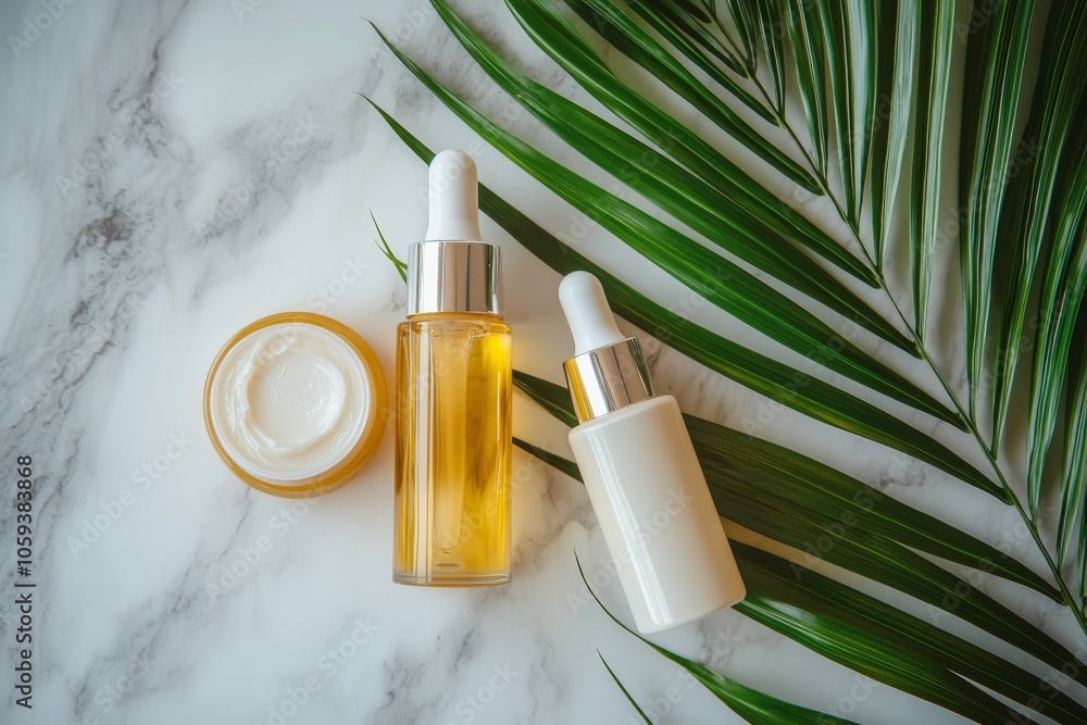 Top View of Skincare Products with Green Palm Leaves on Marble, skincare routine, skin care products, organic beauty Top View of Skincare Products with Green Palm Leaves on Marble, skincare routine, skin care products, organic beauty
