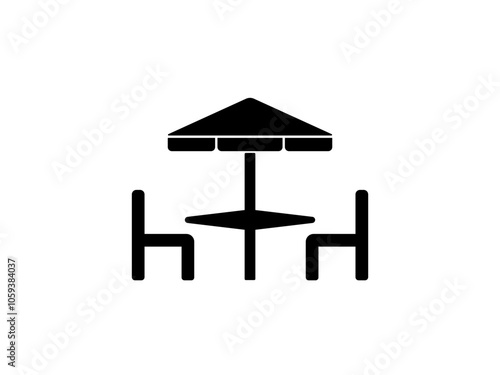 Cafe and garden furniture wooden tables, chairs, umbrellas isolated on white background. Summer outdoor cafe. Square bistro table with exposed bamboo shoots. Open area of a coffee shop or restaurant