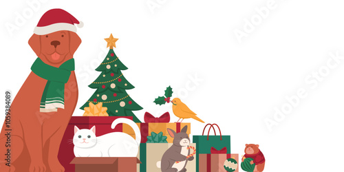 Happy pets celebrating Christmas together