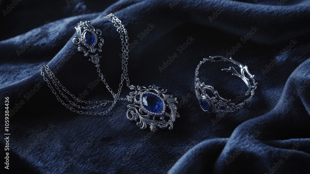 Obraz premium Elegant Silver Jewelry with Blue Gemstones on Fabric