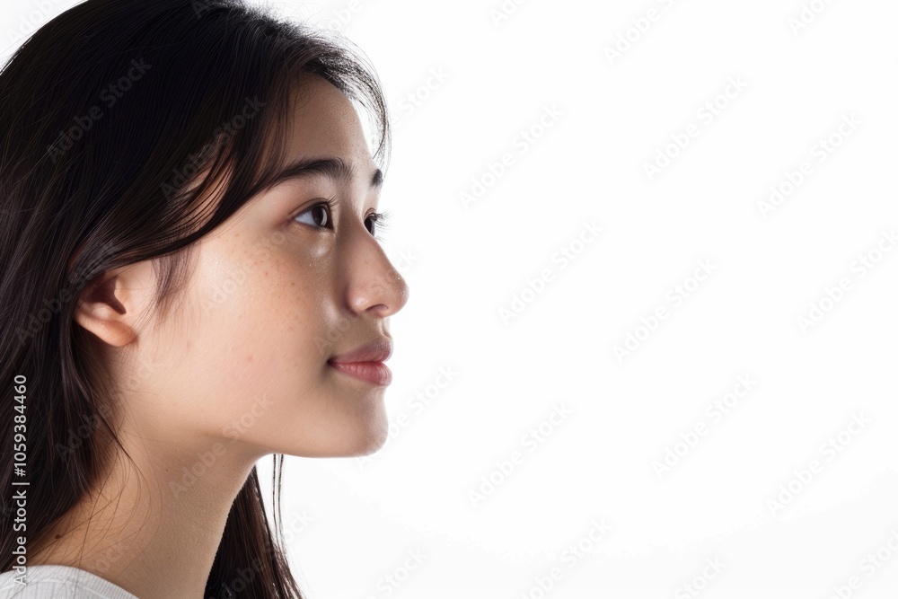 Asian girl in profile view with copy space smiling. Asian girl in profile view with copy space smiling.