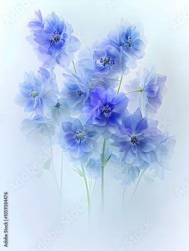 A soft, dreamy arrangement of blue flowers with delicate petals and gentle hues.