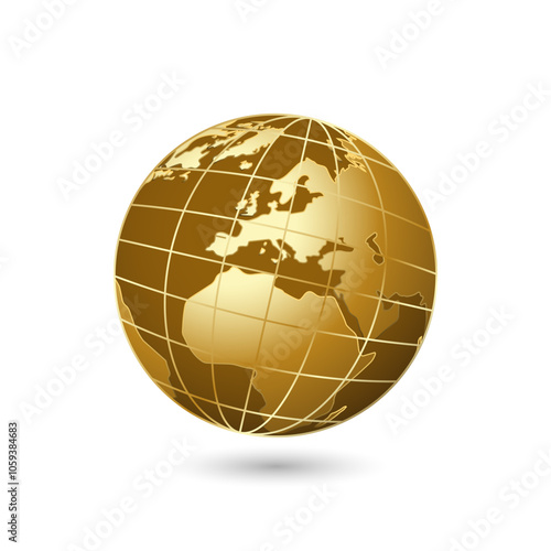 Golden 3d planet earth with continents. Global seas and oceans with marketing geographic lands for graphic vector design