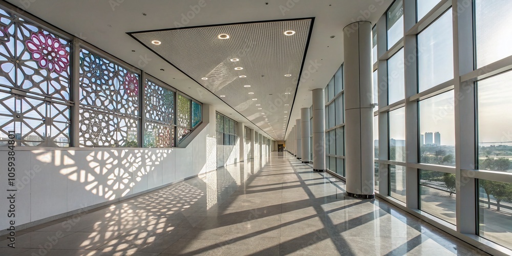 Fototapeta premium Modern Minimalist Corridor with Geometric Light Patterns and Clean Architectural Lines