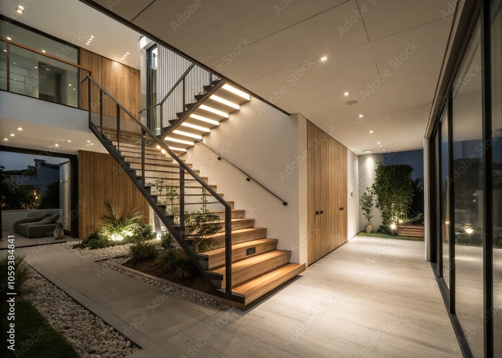 Fototapeta premium Modern Minimalist Indoor Wooden Staircase Design for Contemporary Homes