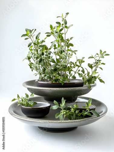 A tiered arrangement of pots with herbs, showcasing a stylish plant display.