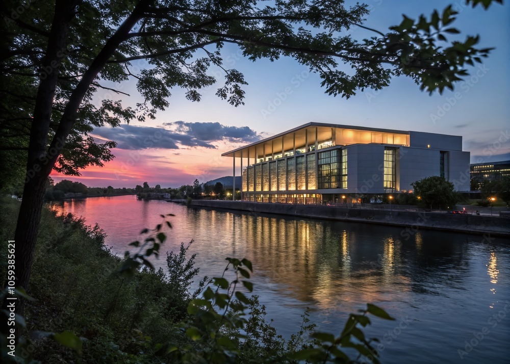 Modern Riverside Architecture at Twilight - Stunning Urban Reflection Modern Riverside Architecture at Twilight - Stunning Urban Reflection