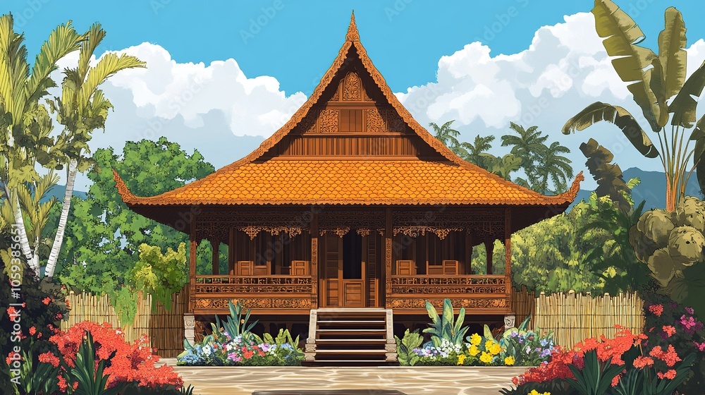 Naklejka premium Traditional Wooden House in Tropical Paradise