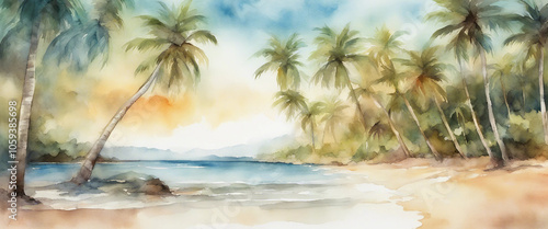 Beautiful watercolor painting of tropical beach with coconut trees for poster gre
