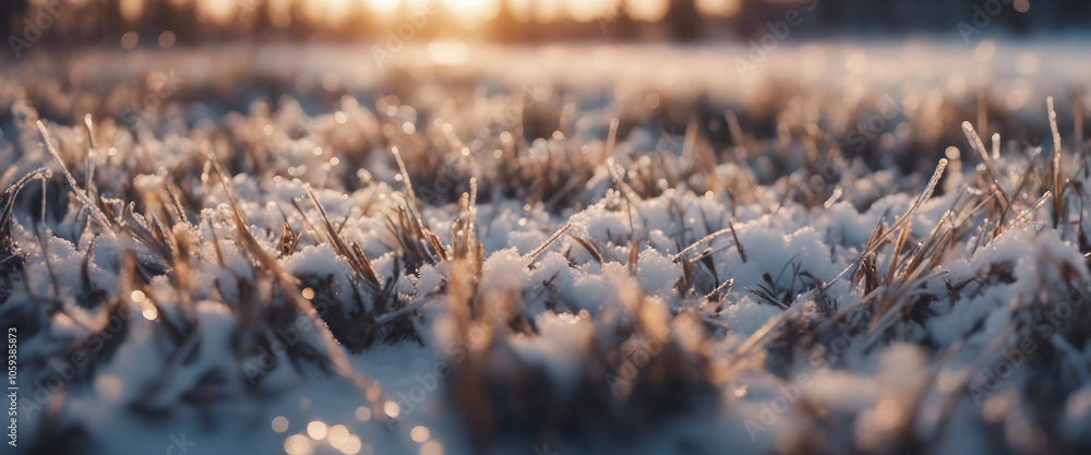 Obraz premium Close-up panoramic view of ice and snow on grass at sunrise in Winter Winter seasonal concept