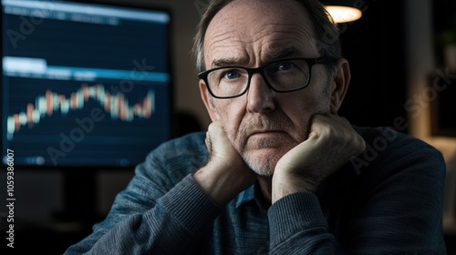 Worried investors gathered around multiple screens, analyzing financial data and market trends, reflecting the tension and uncertainty in the investment world.