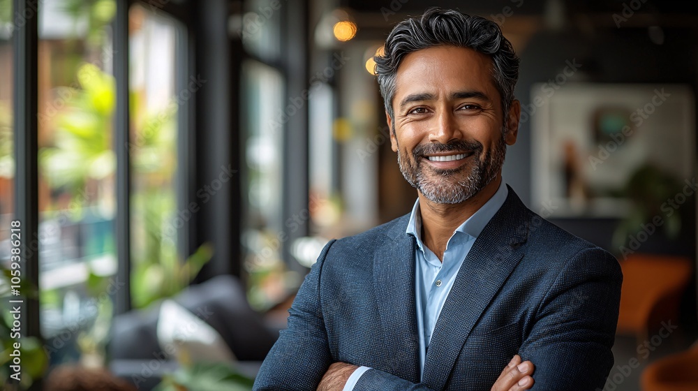 Portrait of a confident Indian businessperson standing in a modern office setting arms crossed and smiling with cityscape visible through large windows Portrait of a confident Indian businessperson standing in a modern office setting arms crossed and smiling with cityscape visible through large windows