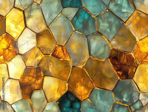 Vibrant stained glass pattern in warm amber and cool teal tones, showcasing intricate geometric shapes and textures. photo