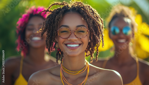 Candid Smiles and Sunshine: A Happy Gathering in Nature. Non-existent person.