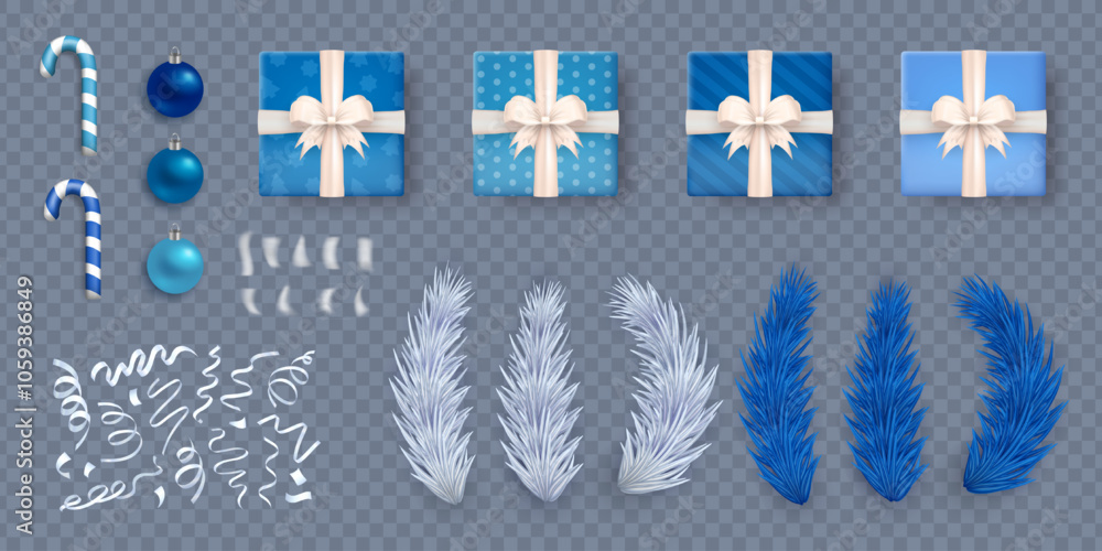 Obraz premium Collection of 3d Christmas, New Year holiday decorations with blue realistic gift boxes, silver ribbons, Xmas ornaments, candy canes, icy pine branches isolated on transparent background