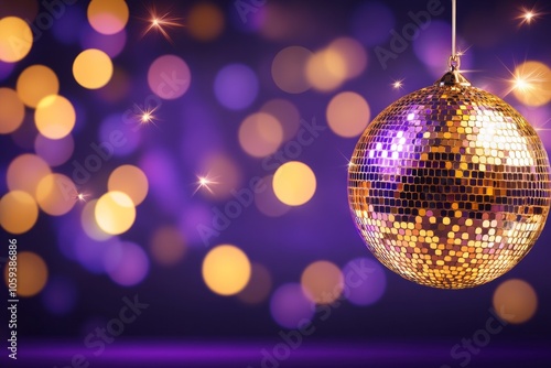 Close-up of a vintage disco ball reflecting colorful sparkles for an energetic 80s inspired dance party atmosphere photo