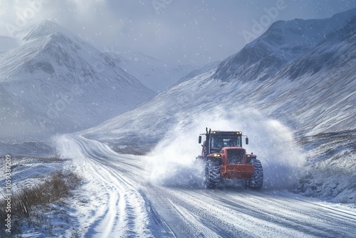 Heavy snowplough clearing winding mountain road, snow spray, winter in the highlands