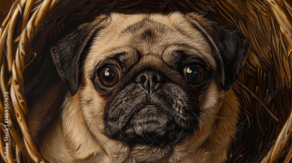 Obraz premium A detailed and realistic portrait of a pug nestled in a woven basket, showcasing its expressive features and textured fur, captured in a warm, cozy setting.