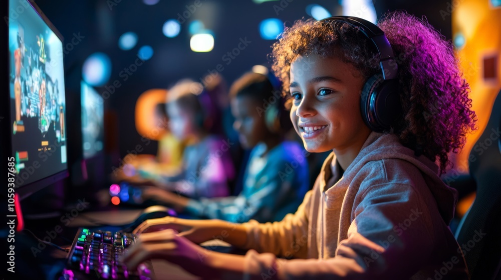 Children role-playing as game developers, testing and refining video games in a creative lab filled with gaming consoles Children role-playing as game developers, testing and refining video games in a creative lab filled with gaming consoles