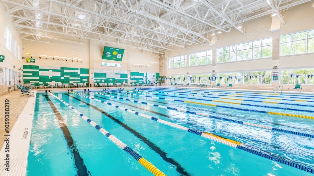 Fototapeta premium A spacious indoor swimming pool with lane dividers, surrounded by bright windows, emphasizing fitness, sports, and a clean environment.