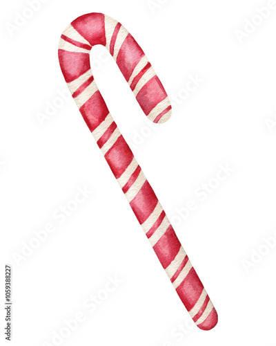 Watercolor illustration of candy cane. Hand drawn pink striped lollipop isolated on white background for card design, print, decoration.