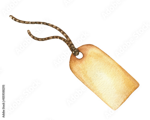 Watercolor illustration of paper tag on a rope. Isolated on white background element with empty space for text for design of postcard, print, gift, invitation.