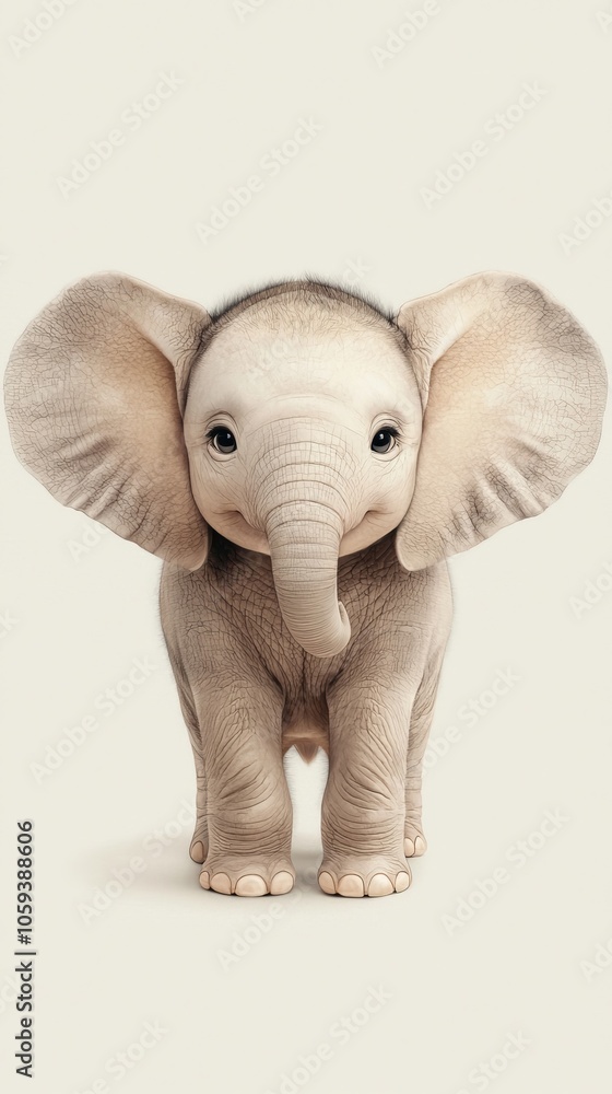 A cute baby elephant with big ears and a gentle smile stands against a white background. A cute baby elephant with big ears and a gentle smile stands against a white background.
