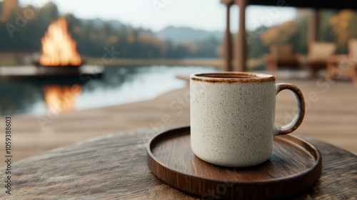 Fototapeta Naklejka Na Ścianę i Meble -  A cup of coffee on a wooden table with a lake and fire in the background.