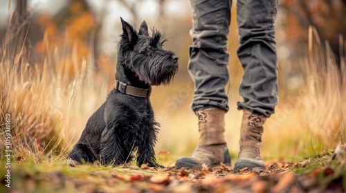 A black dog sitting attentively outdoors, surrounded by vibrant fall colors, beside a person's legs clad in boots, representing companionship and exploration. photo