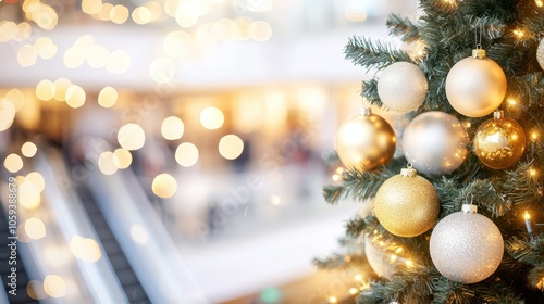 Large shopping mall adorned with Christmas lights, giant festive trees, and snowflake decorations, creating a holiday shopping ambiance.