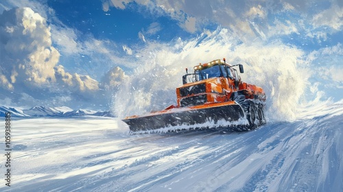 Large snowplough with snow swirling off blades, road clearing after snowstorm, cold winter