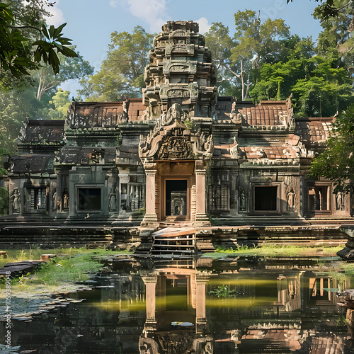 Intricate Masterpiece: Khmer Temple from the Angkor Era Amidst Vibrant Nature photo