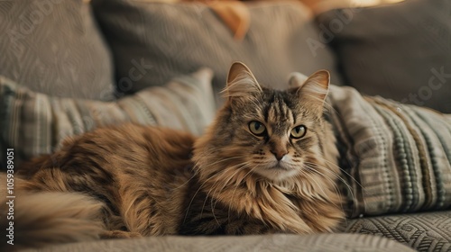 A Maine Coon cat with a regal expression comfortably reclines on an elegant couch, offering a sense of tranquility and luxury amidst soft cushions in gentle lighting.
