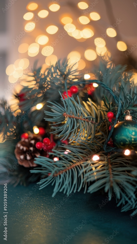 Festive Christmas Decorations with Pine Branches and Holiday Ornaments Festive Christmas Decorations with Pine Branches and Holiday Ornaments