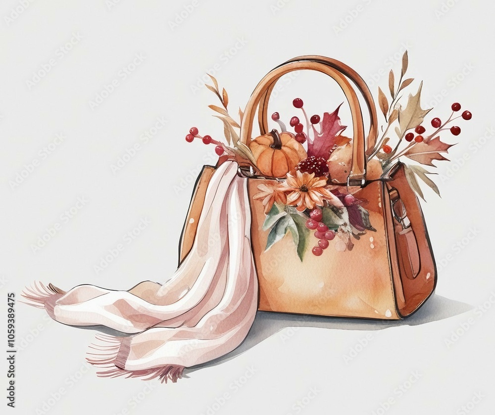 Cozy Fall Handbag Illustration with Flowers and Berries, White Background Cozy Fall Handbag Illustration with Flowers and Berries, White Background