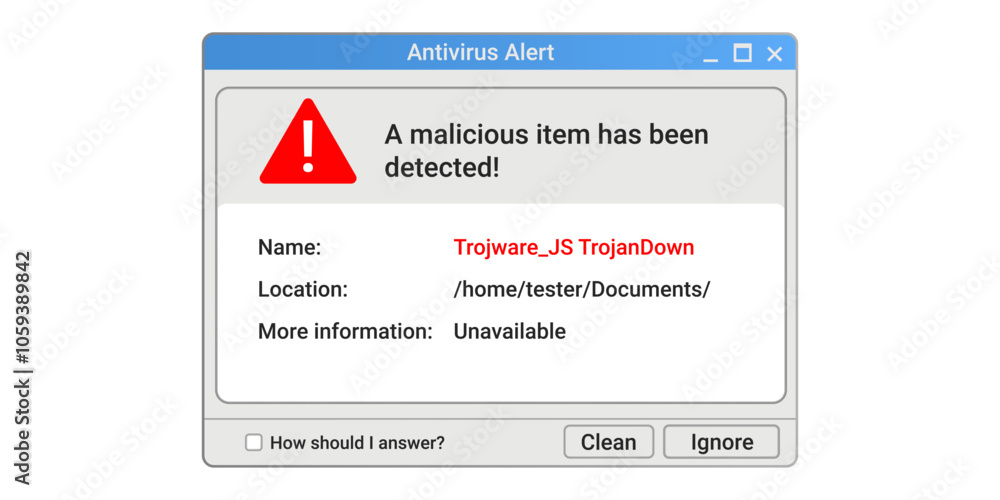 Warning message on computer screen. Malware popup notification banner. Antivirus information. Warning message on computer screen. Malware popup notification banner. Antivirus information.