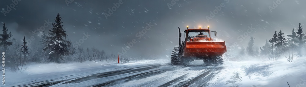 Snowplough clearing snowy road under gray sky, stormy winter scene, powerful and reliable Snowplough clearing snowy road under gray sky, stormy winter scene, powerful and reliable