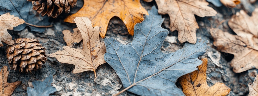 Close-up of fallen autumn leaves and pine cones on a forest floor. Close-up of fallen autumn leaves and pine cones on a forest floor.