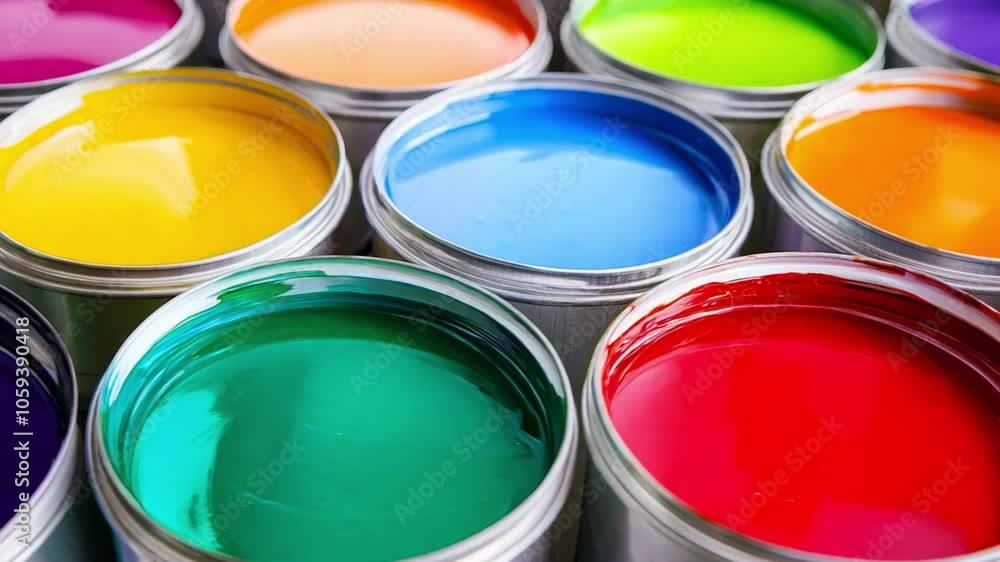 A collection of paint cans filled with bright colors, ready for house renovation, displayed neatly on a shelf in an art supply shop A collection of paint cans filled with bright colors, ready for house renovation, displayed neatly on a shelf in an art supply shop