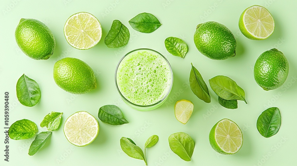A green smoothie surrounded by limes, leaves, and lemons on a light green background with ample space for copying A green smoothie surrounded by limes, leaves, and lemons on a light green background with ample space for copying