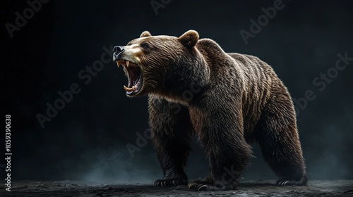 A bear is standing on a rock with its mouth open, showing its teeth. The bear appears to be angry and ready to attack