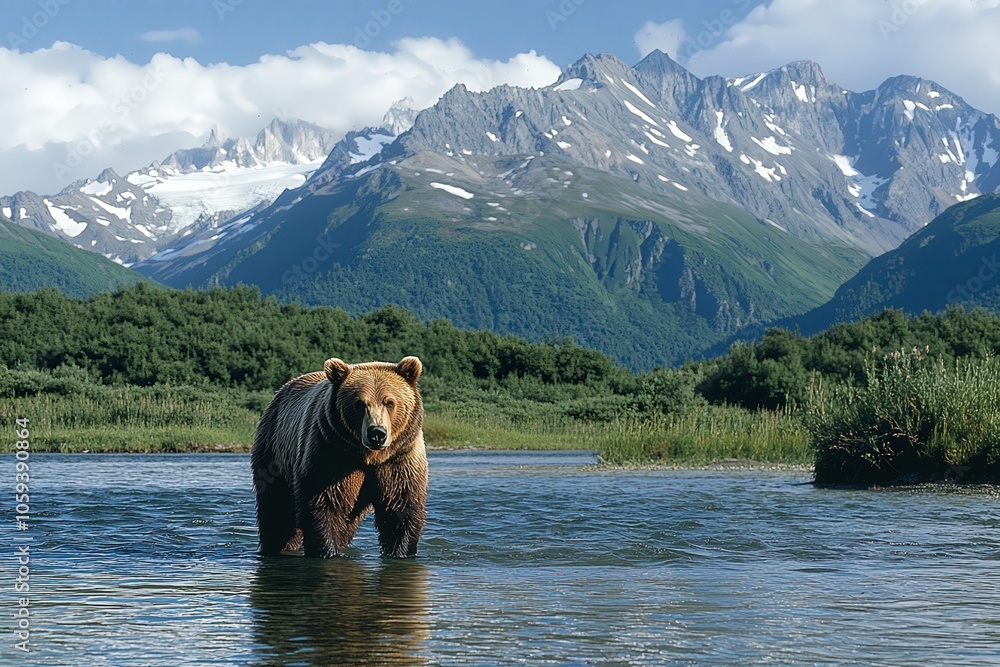 A brown bear is standing in a river surrounded by mountains. The bear appears to be calm and relaxed as it looks out over the water. Concept of peace and tranquility A brown bear is standing in a river surrounded by mountains. The bear appears to be calm and relaxed as it looks out over the water. Concept of peace and tranquility